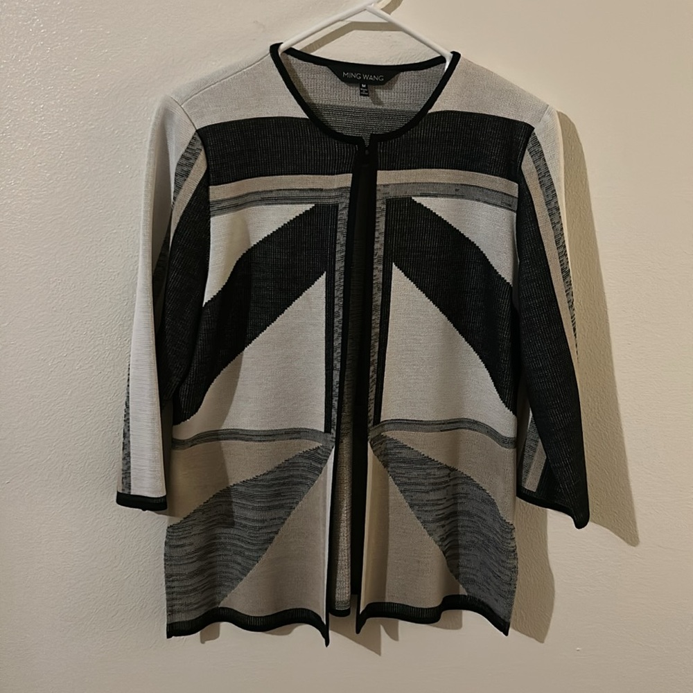 Sharp Stylish M Officecore Black/Cream/GrayTan  Geometric Open Front Cardigan